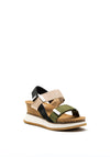 Xti Canvas Colour Block Velcro Wedge Sandals, Khaki Multi