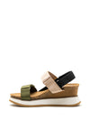 Xti Canvas Colour Block Velcro Wedge Sandals, Khaki Multi