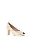 Zany Metallic Leather Peep Toe Heeled Shoes, Gold